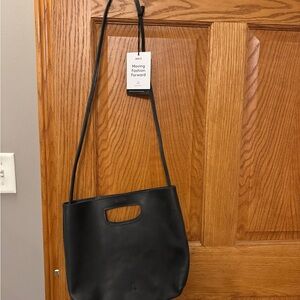 Able Black Leather Shoulder Bag with Top Cutout Handle and Long Strap